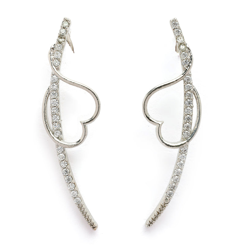 Rhodium Plated Silver Toned Heart Shaped American Diamond Studded Ear Climber Earrings