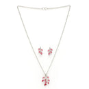 Rhodium Plated with Leaf Shaped Design & Red American Diamonds Studded Pendant Set