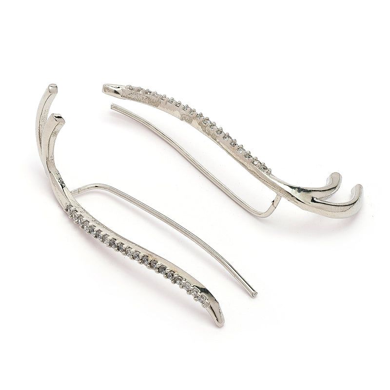 Rhodium Plated Silver Toned American Diamond Studded Ear Climber Earrings