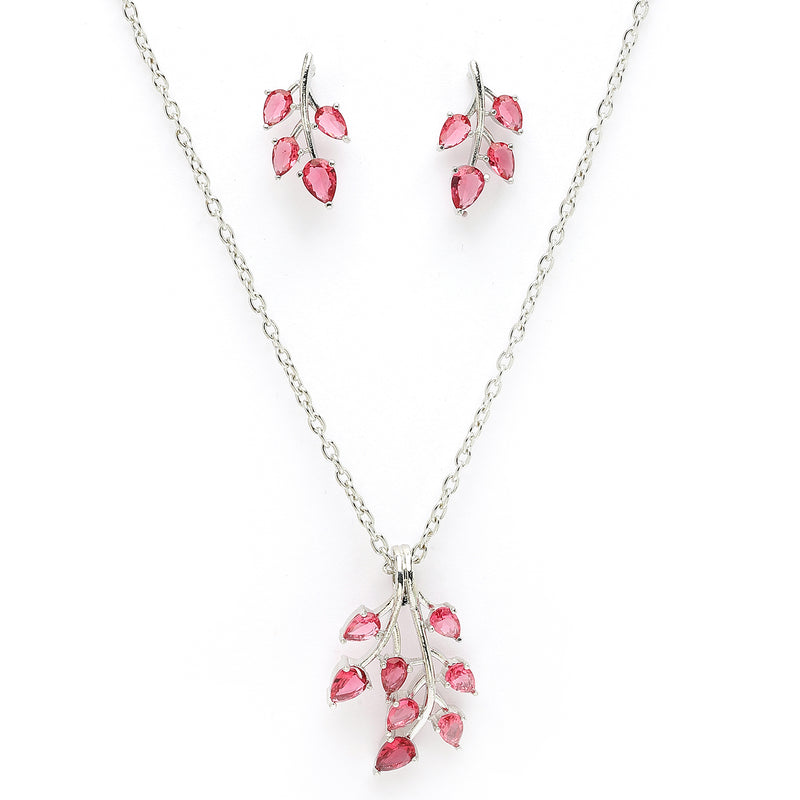 Rhodium Plated with Leaf Shaped Design & Red American Diamonds Studded Pendant Set