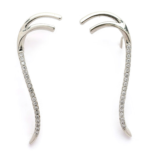 Rhodium Plated Silver Toned American Diamond Studded Ear Climber Earrings