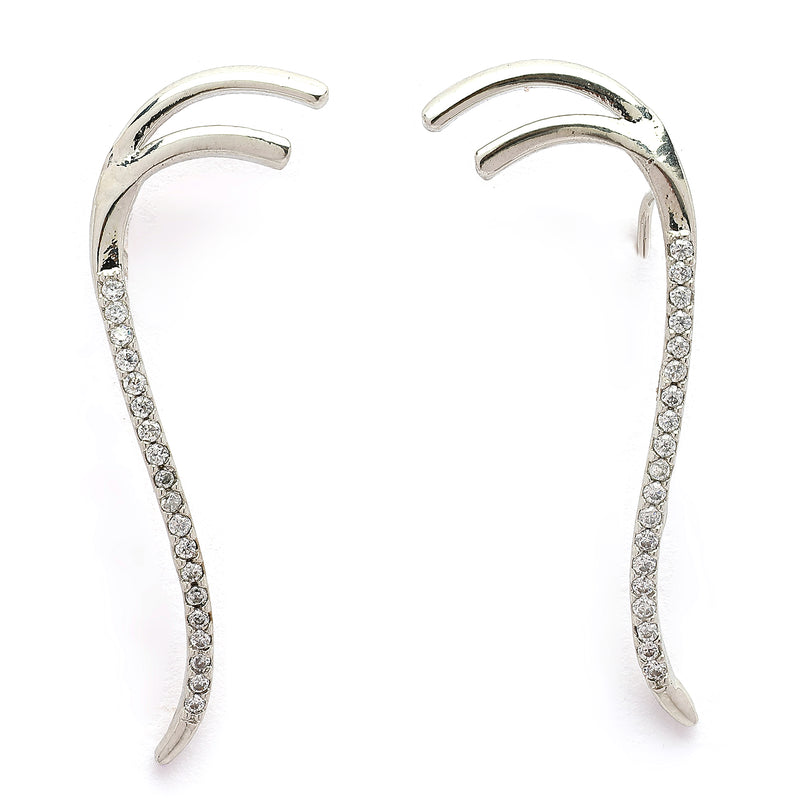 Rhodium Plated Silver Toned American Diamond Studded Ear Climber Earrings