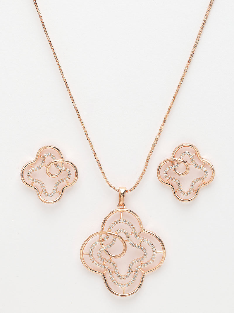 Rose Gold Plated with White American Diamond Studded Pendent Set