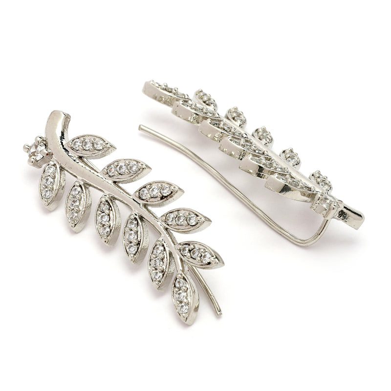 Rhodium Plated Silver Toned Leaf Shaped American Diamond Studded Ear Climber Earrings