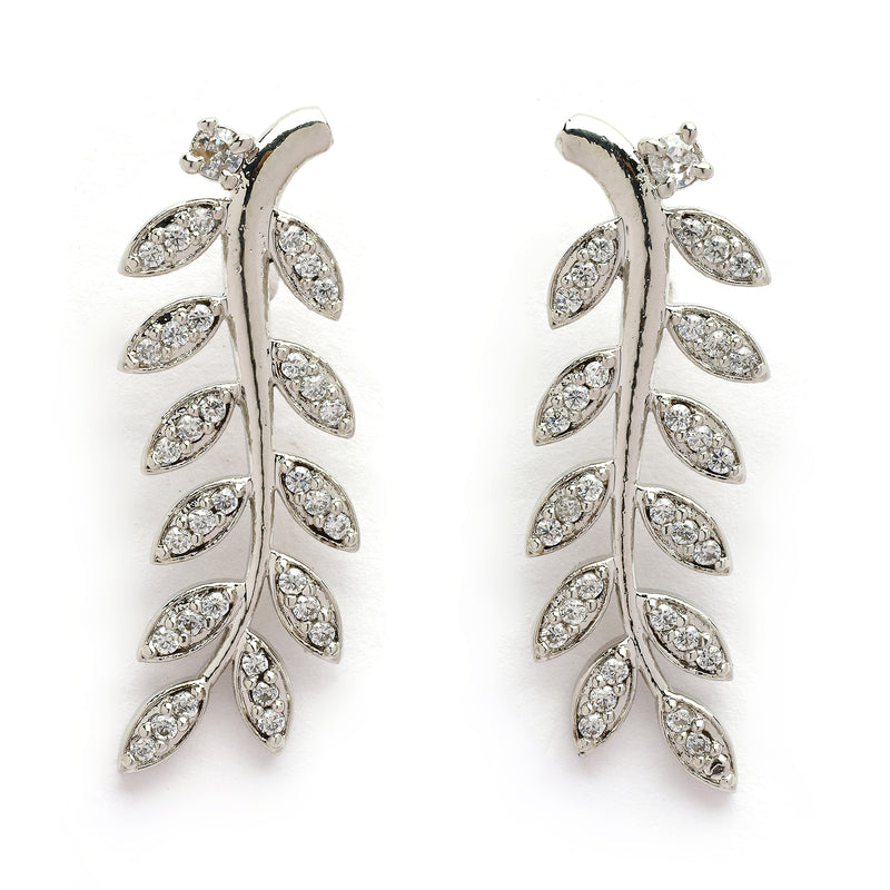 Rhodium Plated Silver Toned Leaf Shaped American Diamond Studded Ear Climber Earrings