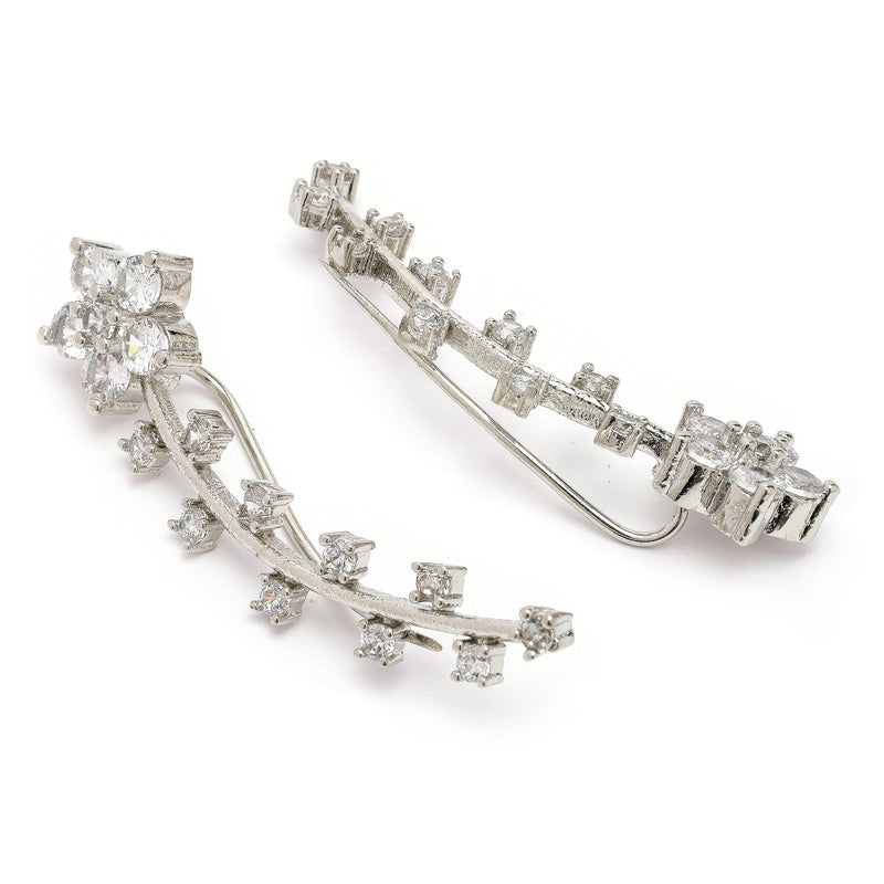 Rhodium Plated Floral Shaped Silver Toned White American Diamond Studded Ear Climber Earrings