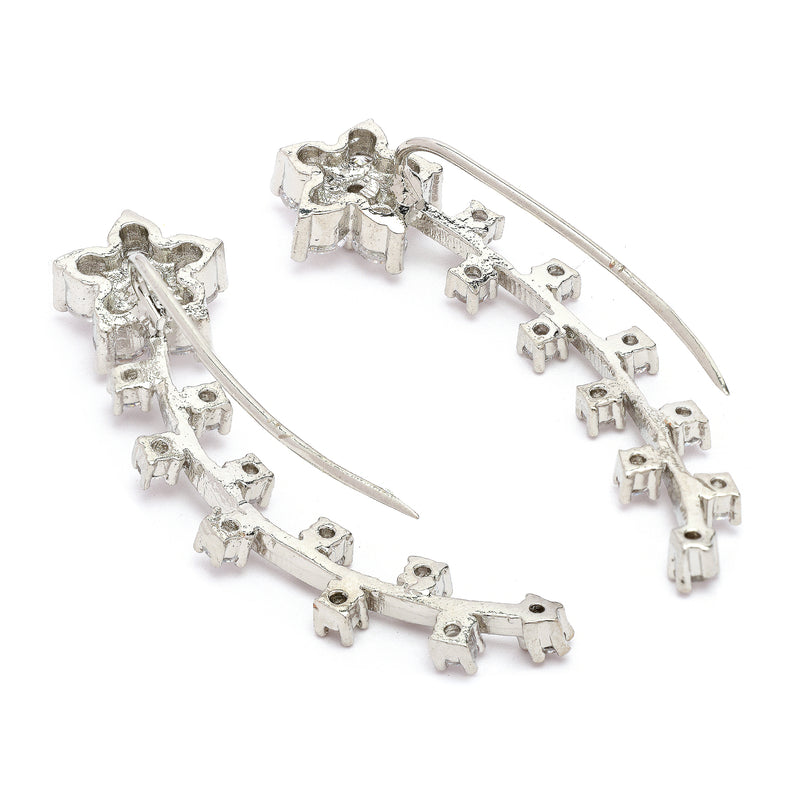 Rhodium Plated Floral Shaped Silver Toned White American Diamond Studded Ear Climber Earrings