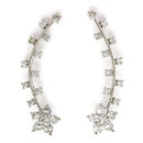 Rhodium Plated Floral Shaped Silver Toned White American Diamond Studded Ear Climber Earrings