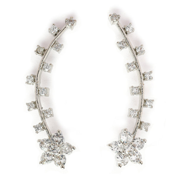 Rhodium Plated Floral Shaped Silver Toned White American Diamond Studded Ear Climber Earrings