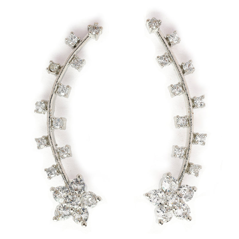 Rhodium Plated Floral Shaped Silver Toned White American Diamond Studded Ear Climber Earrings