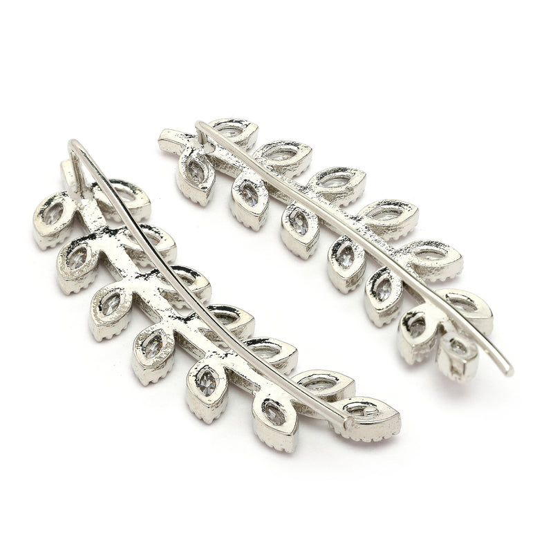Rhodium Plated Silver Toned Leaf Shaped American Diamond Studded Ear Climber Earrings