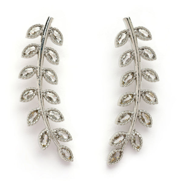 Rhodium Plated Silver Toned Leaf Shaped American Diamond Studded Ear Climber Earrings