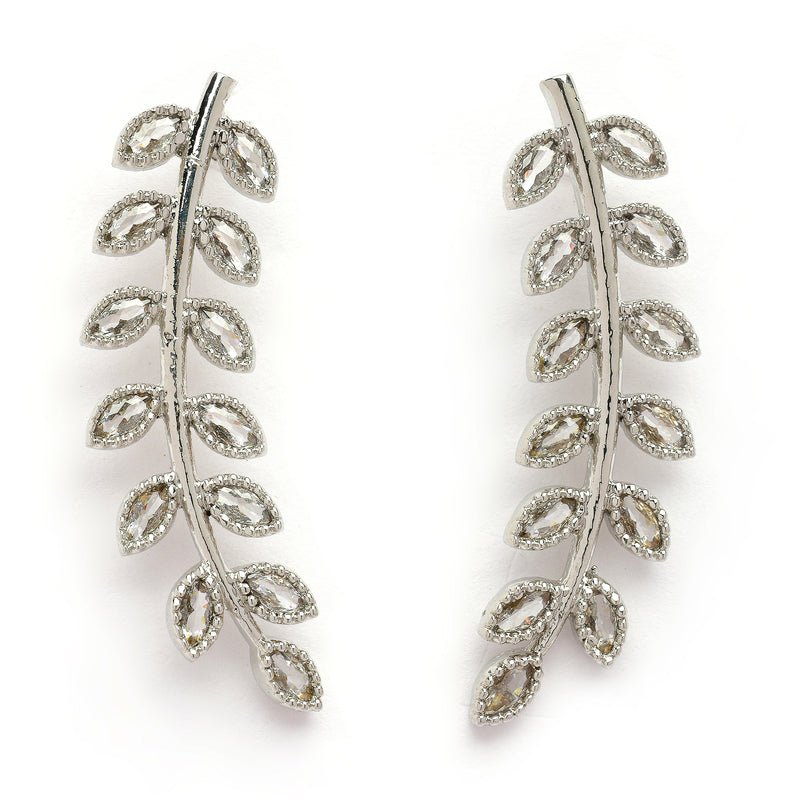 Rhodium Plated Silver Toned Leaf Shaped American Diamond Studded Ear Climber Earrings