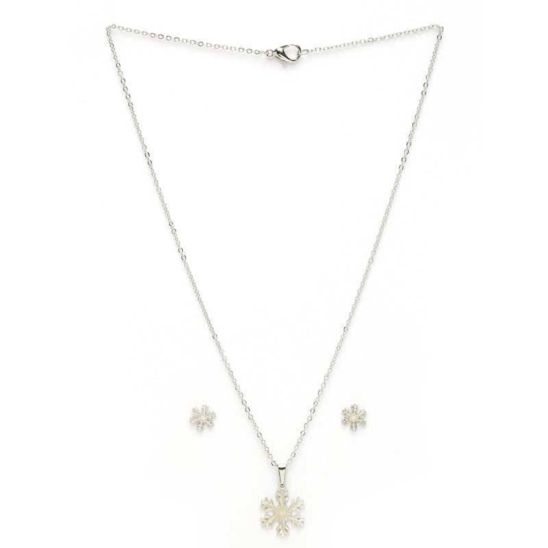 Rhodium Plated with Cute Snowflake Shaped Stainless Steel Pendent Set