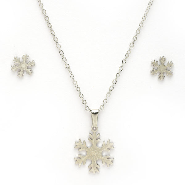 Rhodium Plated with Cute Snowflake Shaped Stainless Steel Pendent Set