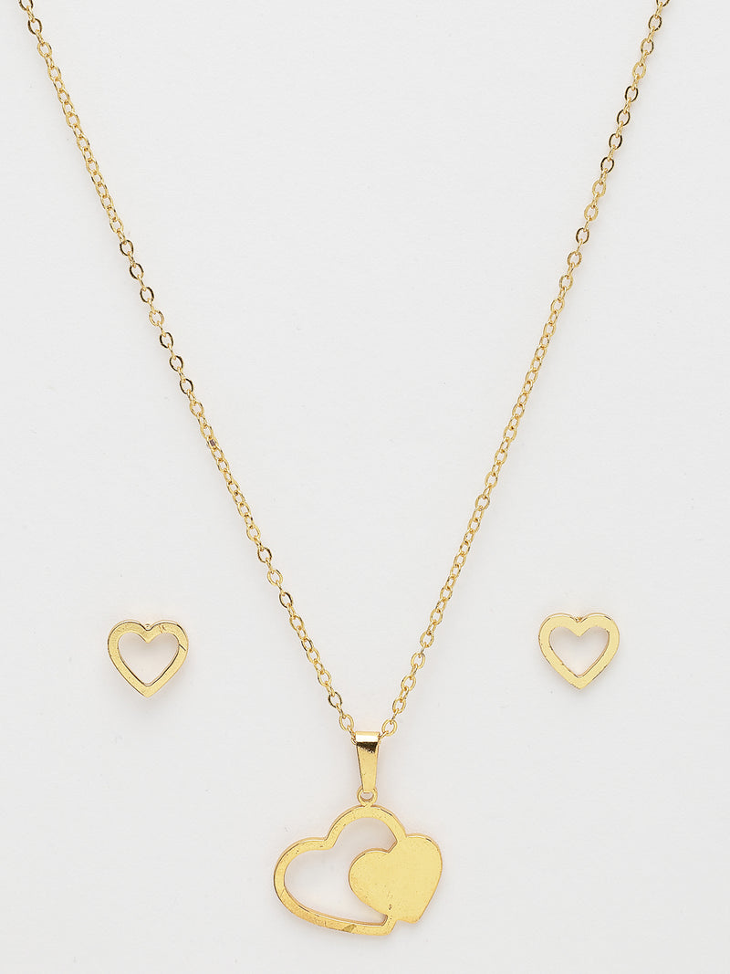 Gold Plated with Thin Chain & Dual Heart Design Stainless Steel Pendent Set