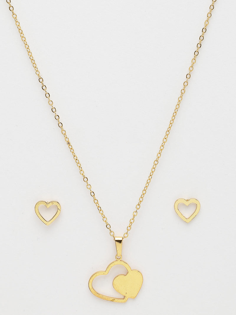 Gold Plated with Thin Chain & Dual Heart Design Stainless Steel Pendent Set