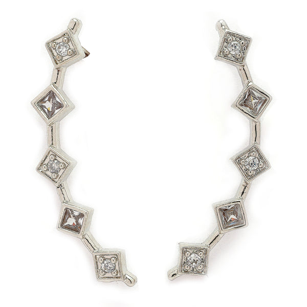 Rhodium Plated Silver Toned Square Shaped American Diamond Studded Ear Climber Earrings