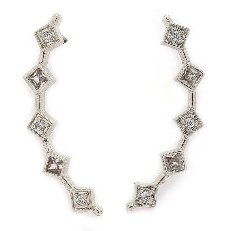 Rhodium Plated Silver Toned Square Shaped American Diamond Studded Ear Climber Earrings