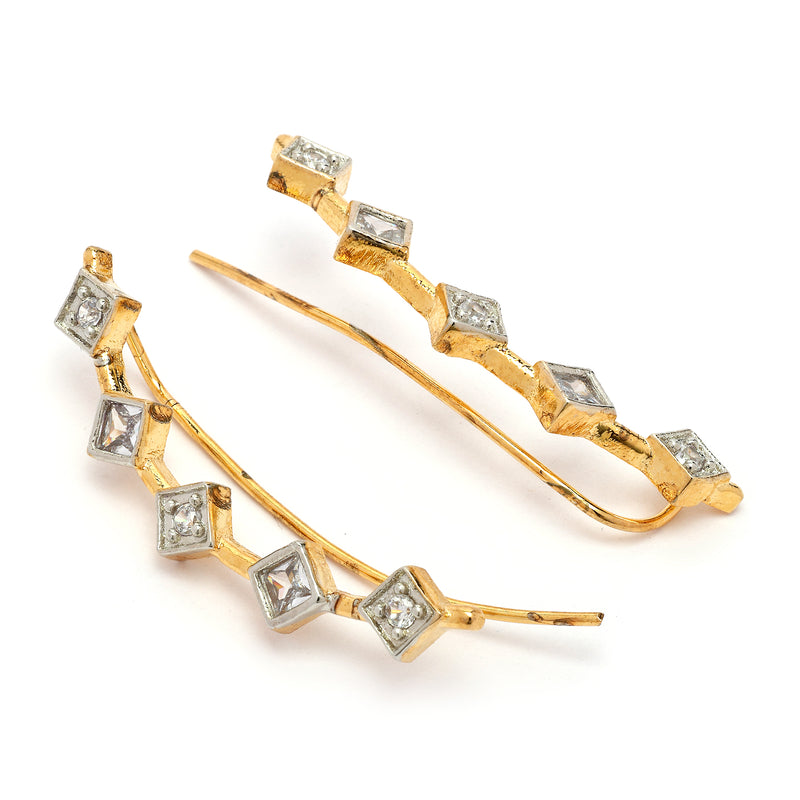 Gold Plated Square Shaped American Diamond Studded Ear Climber Earrings
