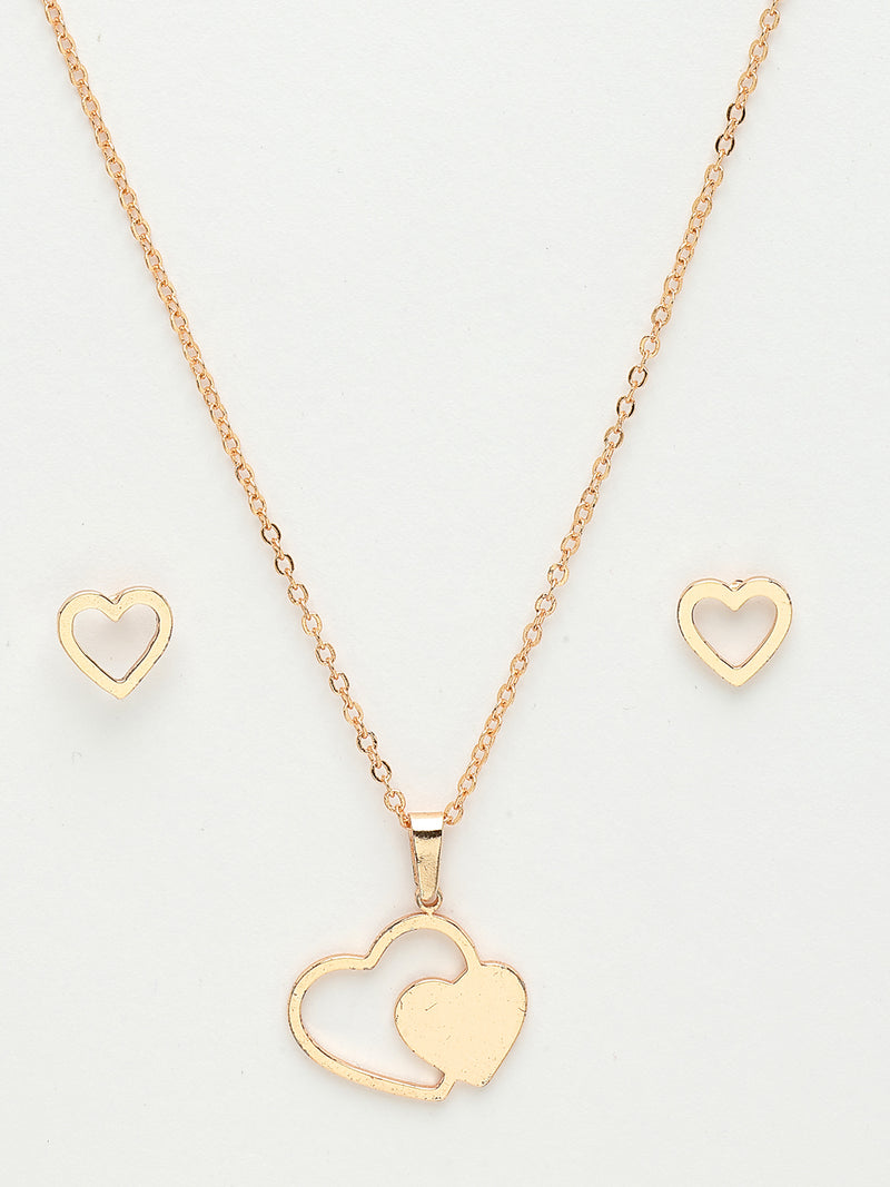 Rose Gold Plated with Dual Heart Shaped Design Stainless Steel Pendent Set