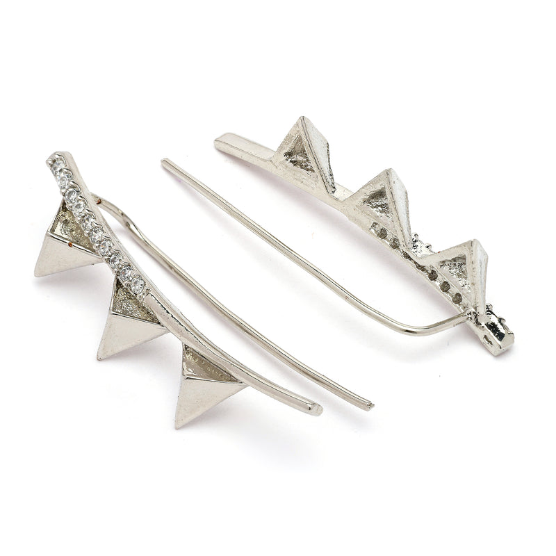 Rhodium Plated Silver Toned Triangular Shaped American Diamond Studded Ear Climber