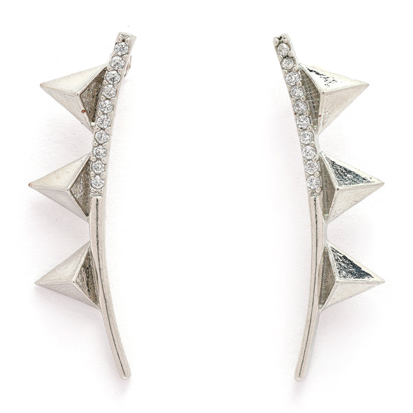 Rhodium Plated Silver Toned Triangular Shaped American Diamond Studded Ear Climber