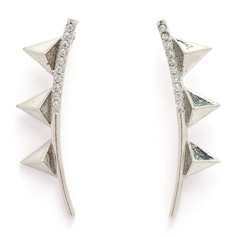Rhodium Plated Silver Toned Triangular Shaped American Diamond Studded Ear Climber