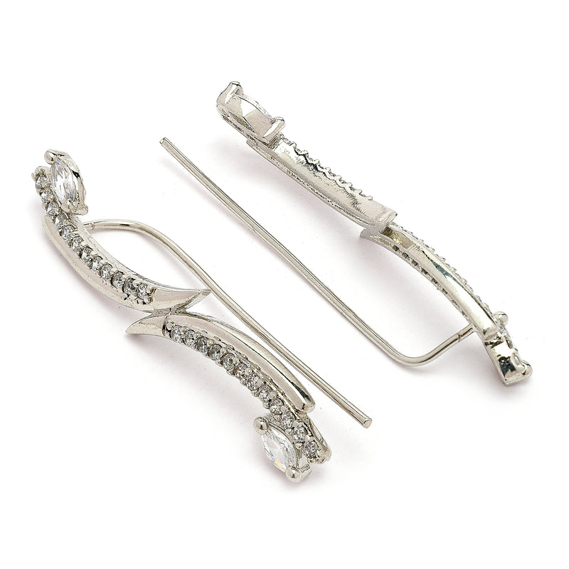 Rhodium Plated Silver Toned White American Diamond Studded Ear Climber Earrings
