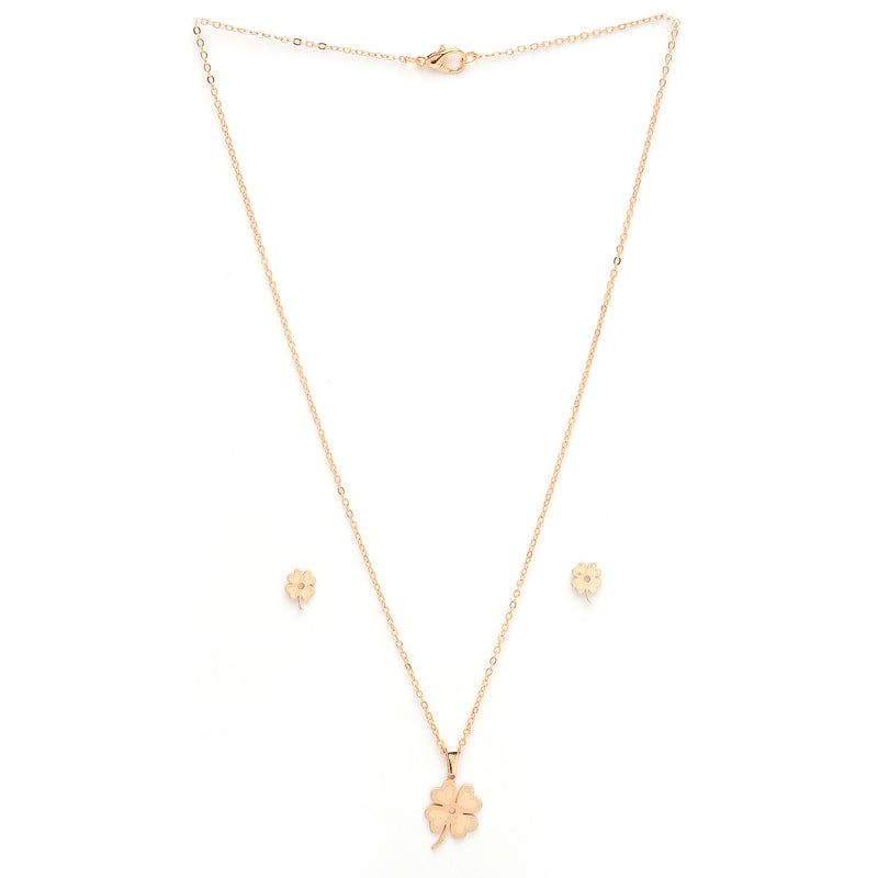 Rose Gold Plated with Clover Leaf Shaped Design Stainless Steel Pendent Set