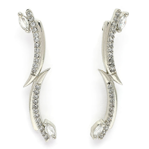 Rhodium Plated Silver Toned White American Diamond Studded Ear Climber Earrings