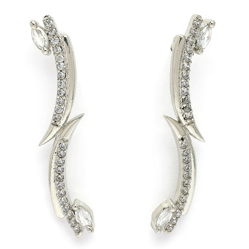 Rhodium Plated Silver Toned White American Diamond Studded Ear Climber Earrings