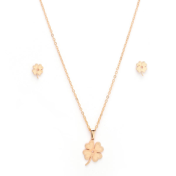 Rose Gold Plated with Clover Leaf Shaped Design Stainless Steel Pendent Set