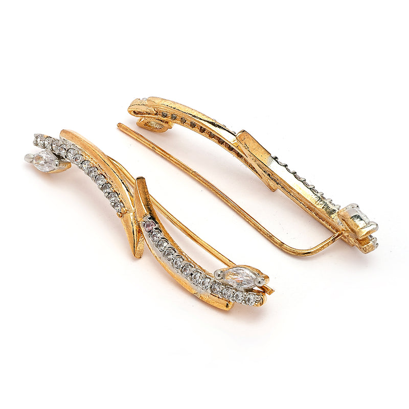 Gold Plated White American Diamond Studded Ear Climber Earrings