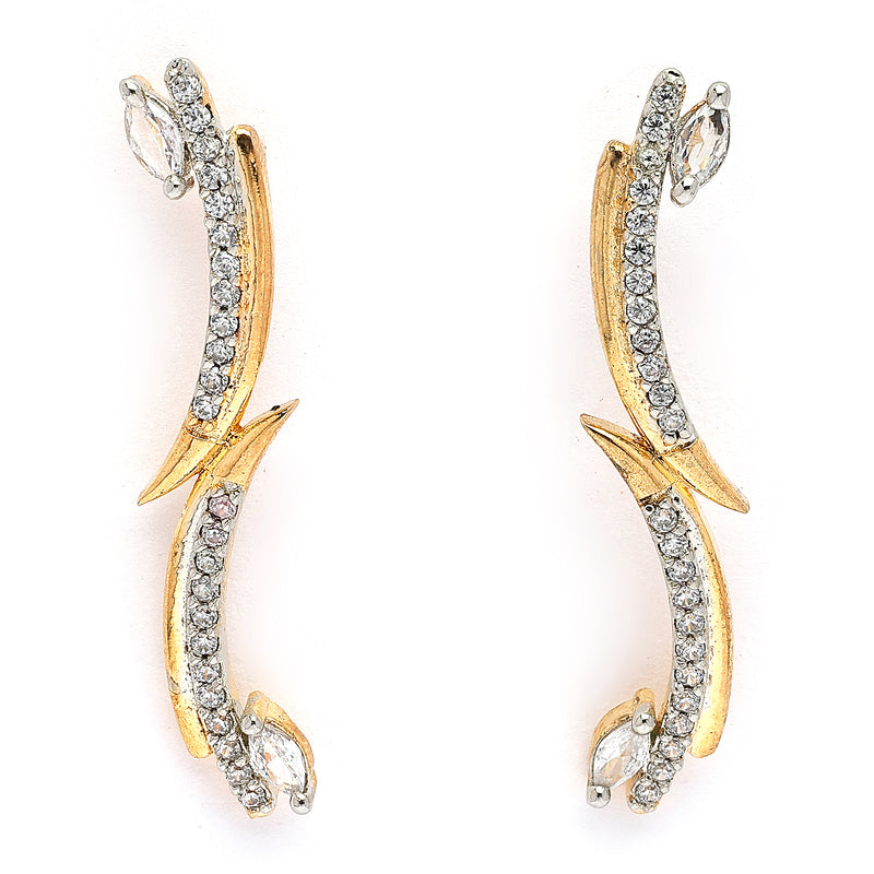 Gold Plated White American Diamond Studded Ear Climber Earrings