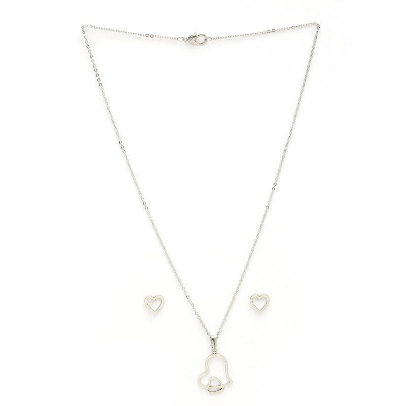 Rhodium Plated with Stylish Heart Shaped Stainless Steel Pendant Set