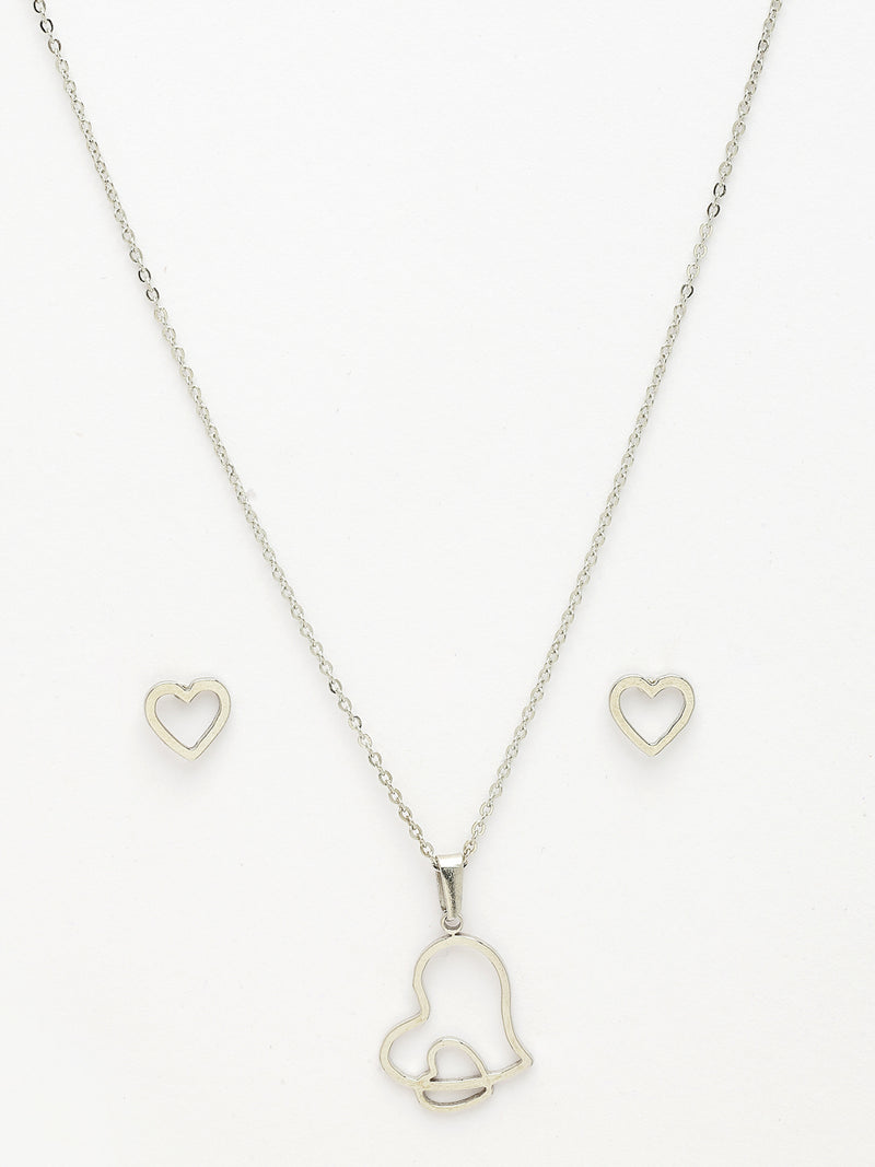 Rhodium Plated with Stylish Heart Shaped Stainless Steel Pendant Set