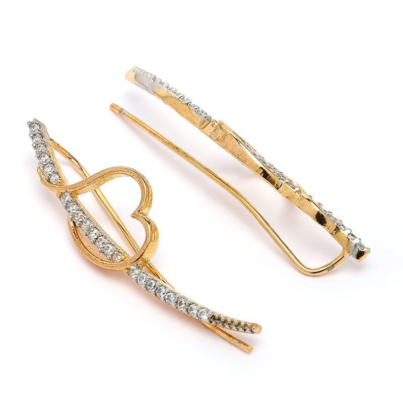 Gold Plated Heart Shaped American Diamond Studded Ear Climber Earrings