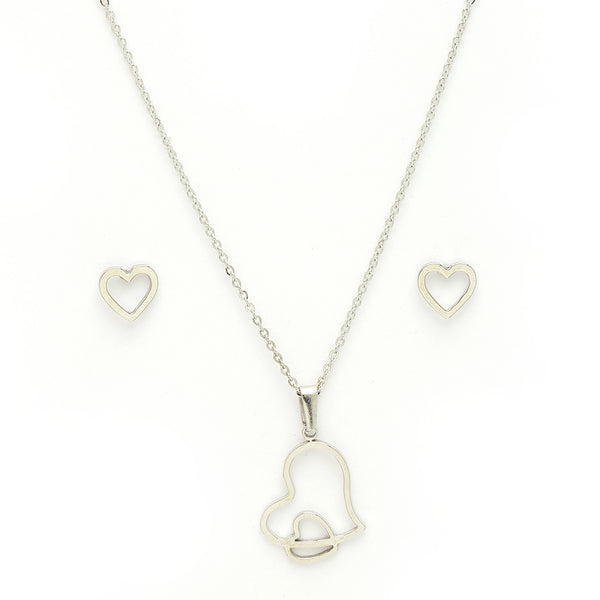 Rhodium Plated with Stylish Heart Shaped Stainless Steel Pendant Set