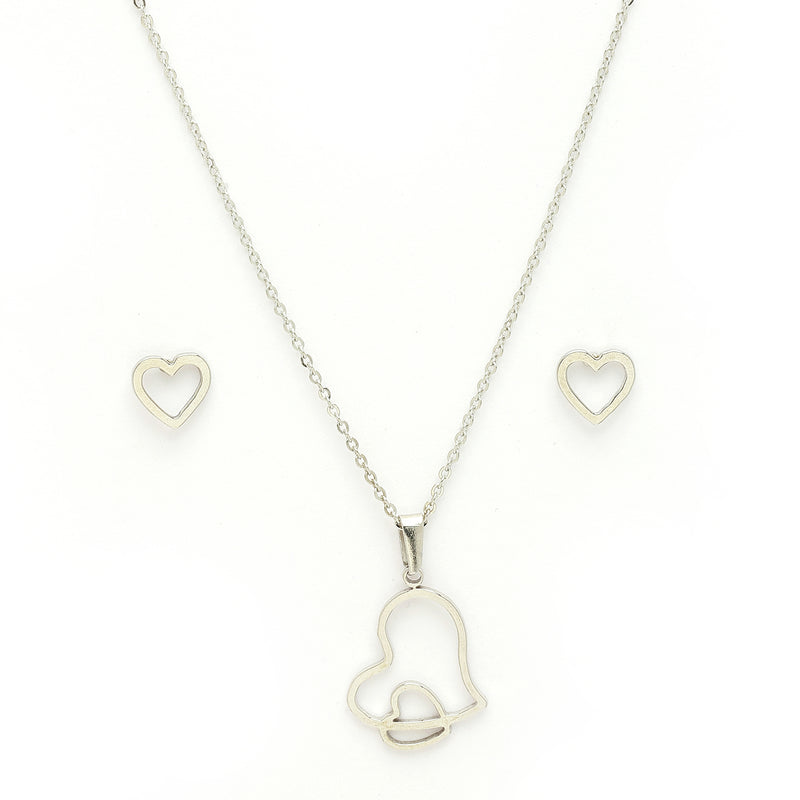 Rhodium Plated with Stylish Heart Shaped Stainless Steel Pendant Set