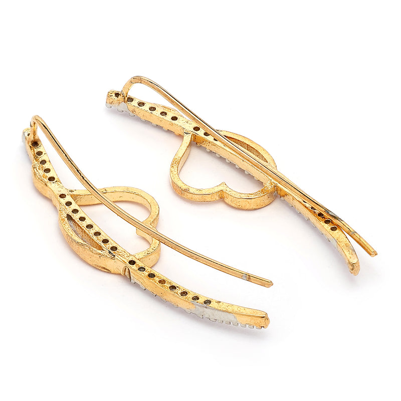 Gold Plated Heart Shaped American Diamond Studded Ear Climber Earrings