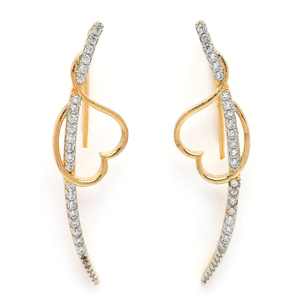 Gold Plated Heart Shaped American Diamond Studded Ear Climber Earrings