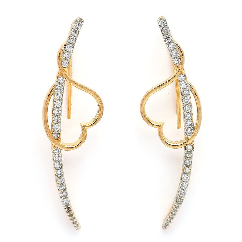 Gold Plated Heart Shaped American Diamond Studded Ear Climber Earrings