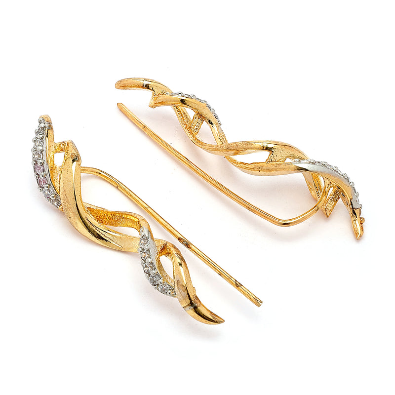 Gold Plated Twisted Shpaped American Diamond Studded Ear Climber Earrings