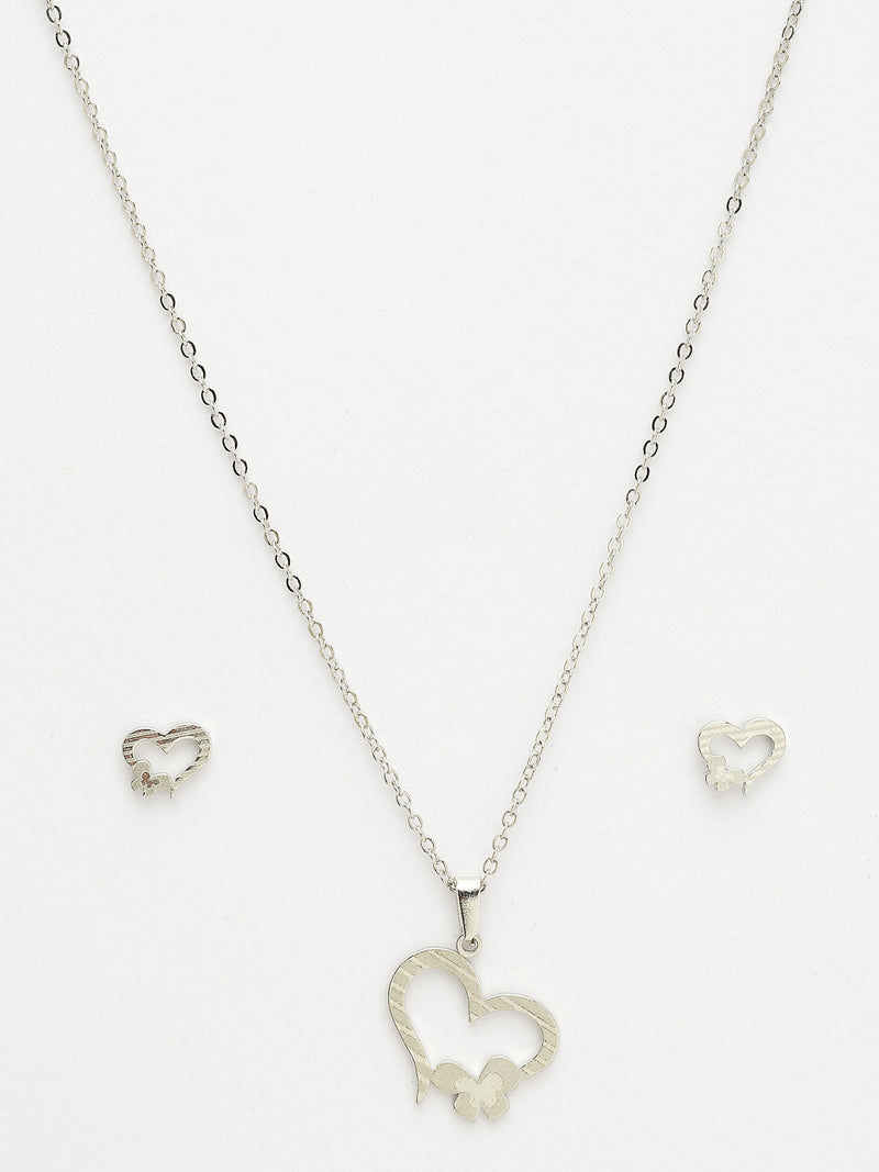 Rhodium Plated with Heart with Butterfly Shaped Stainless Steel Pendent Set