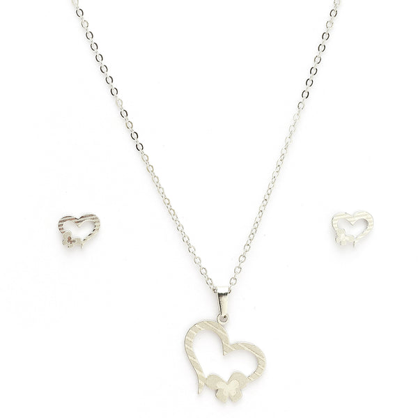 Rhodium Plated with Heart with Butterfly Shaped Stainless Steel Pendent Set
