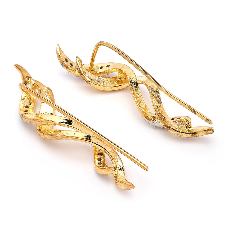 Gold Plated Twisted Shpaped American Diamond Studded Ear Climber Earrings