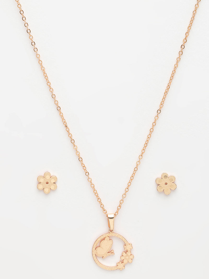 Rose Gold Plated with Circular & Floral design Stainless Steel Pendent Set