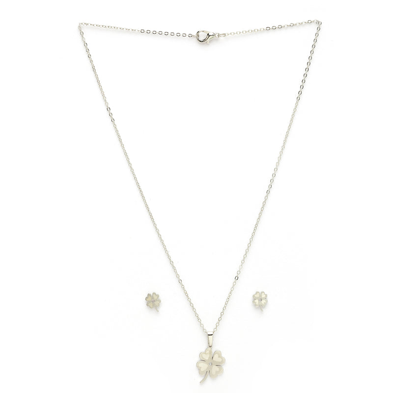 Rhodium Plated with Clover Leaf Shaped Design Stainless Steel Pendent Set