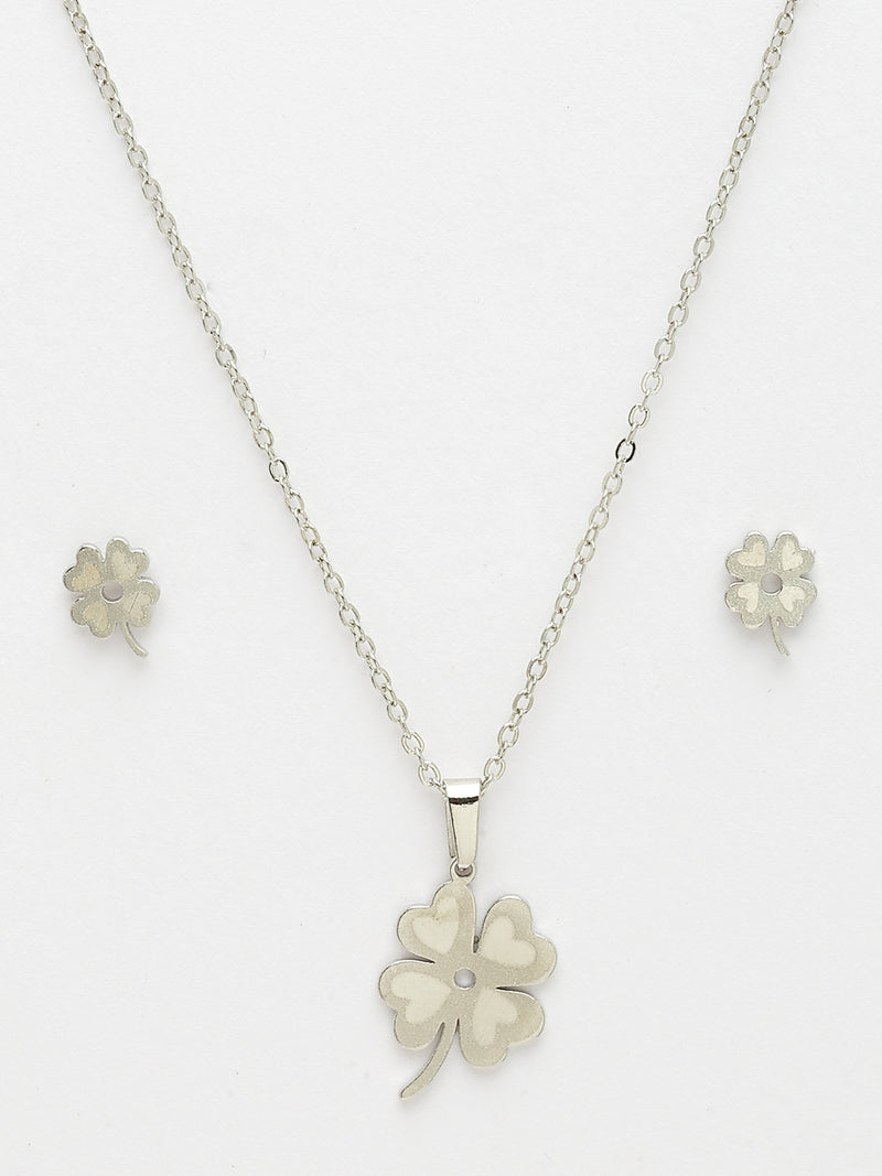 Rhodium Plated with Clover Leaf Shaped Design Stainless Steel Pendent Set